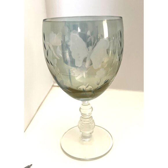 Iridescent Blue Green Wine Glasses Etched Butterfly & Flowers Set of 4 Vintage - Picture 5 of 8